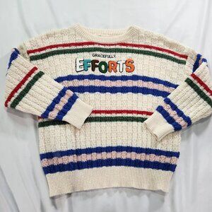Cozy Cream and Green Knit Crewneck Sweater Gracefully Efforts Size Large